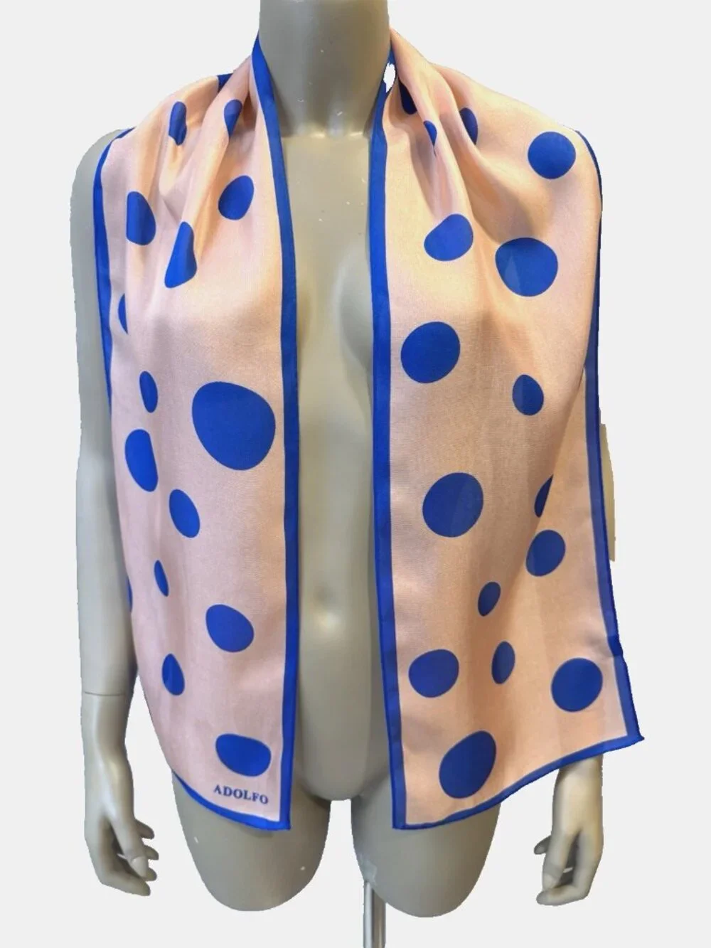 Vintage ADOLFO Silk Scarf, Polka Dots, Peachy Pink & Cobalt Blue 10